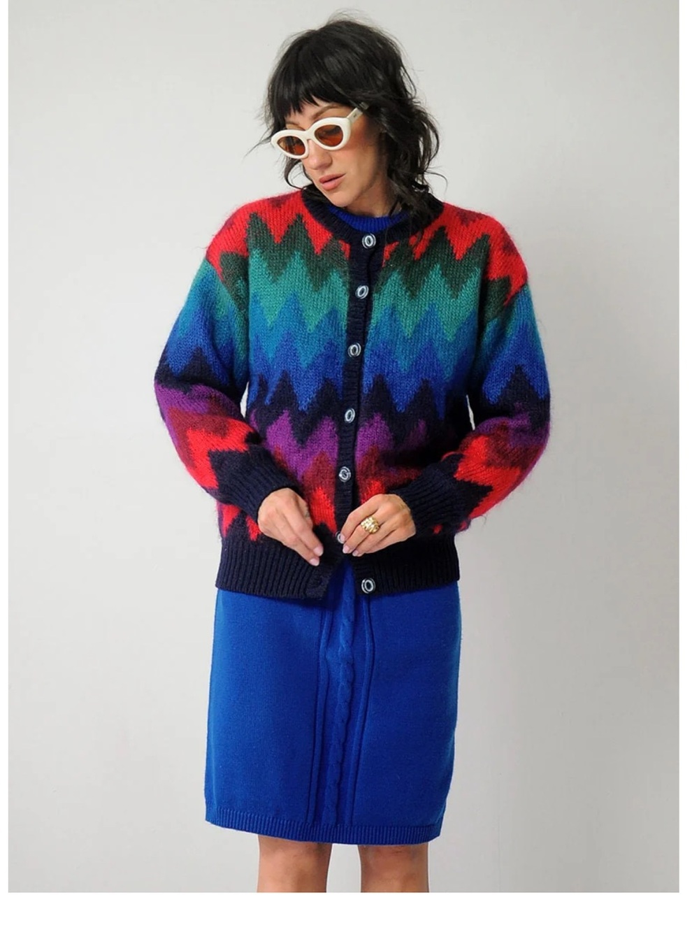 VTG Susan Bristol Mohair Wool Zigzag Button Up Cardigan Sweater. Size Small.